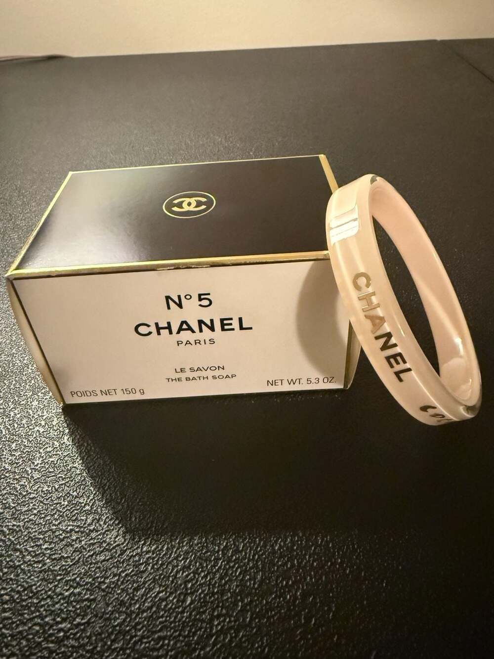 Chanel N°5 Le Savon Bath Soap and Logo Resin Bangle Bracelet Set